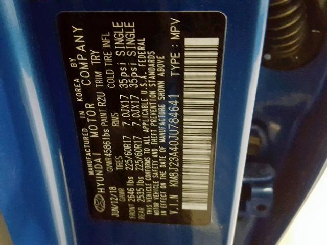 KM8J23A40JU784641 - 2018 HYUNDAI TUCSON SE BLUE photo 10