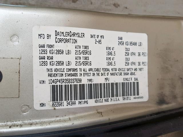 1D4GP45R35B337690 - 2005 DODGE CARAVAN SX TAN photo 10