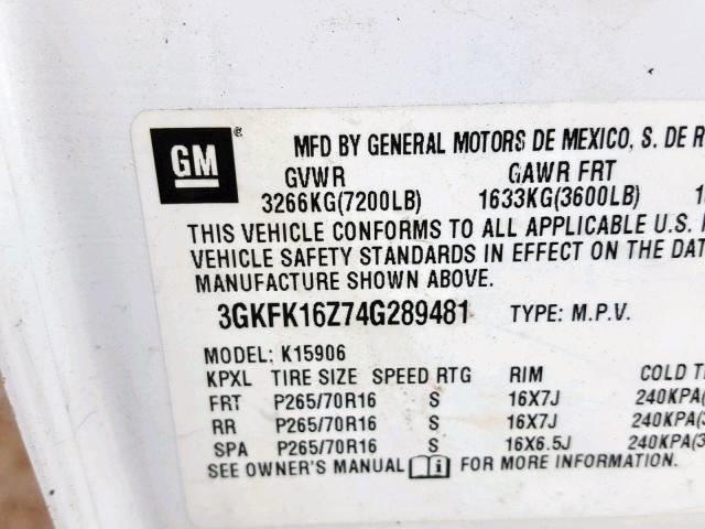 3GKFK16Z74G289481 - 2004 GMC YUKON XL K WHITE photo 10