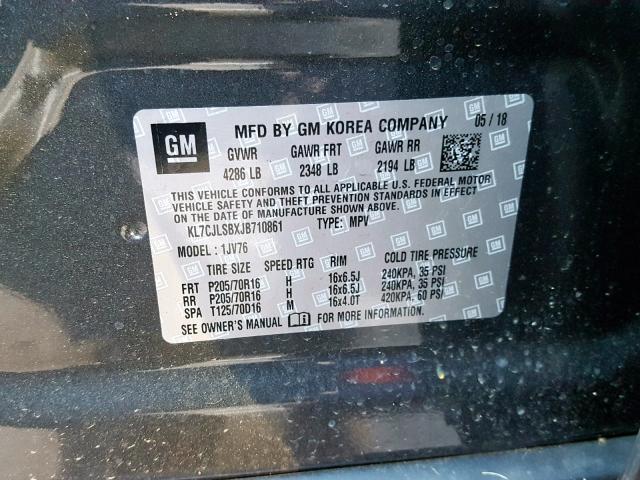 KL7CJLSBXJB710861 - 2018 CHEVROLET TRAX 1LT CHARCOAL photo 10