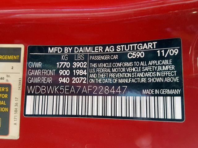 WDBWK5EA7AF228447 - 2010 MERCEDES-BENZ SLK 300 RED photo 10