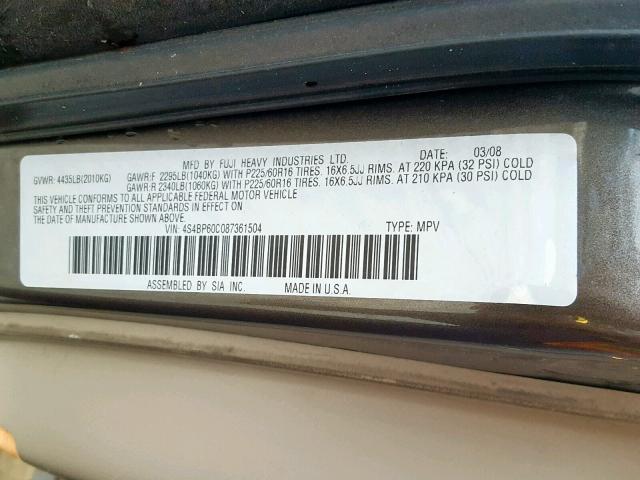 4S4BP60C087361504 - 2008 SUBARU OUTBACK BROWN photo 10