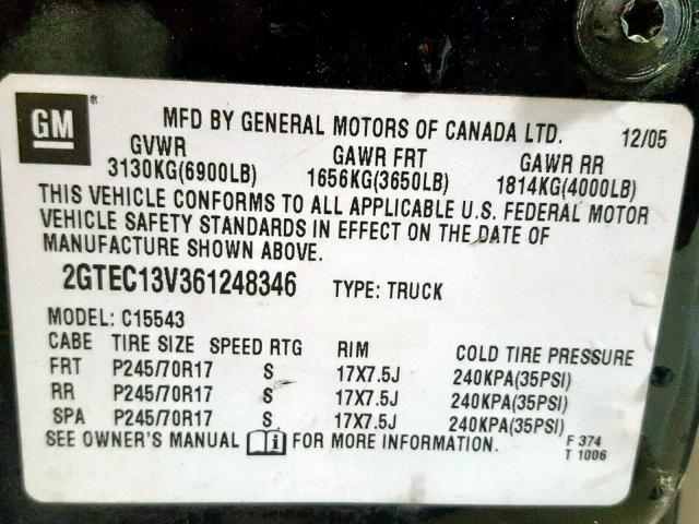 2GTEC13V361248346 - 2006 GMC NEW SIERRA BLACK photo 10