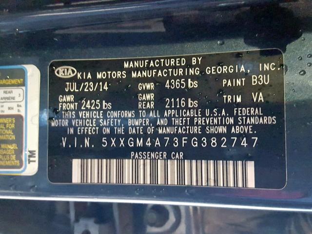 5XXGM4A73FG382747 - 2015 KIA OPTIMA LX BLUE photo 10