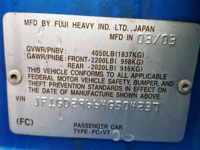 JF1GD29664G504237 - 2004 SUBARU IMPREZA WR BLUE photo 10