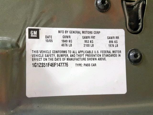 1G1ZS51F46F147776 - 2006 CHEVROLET MALIBU LS Grün Foto 10
