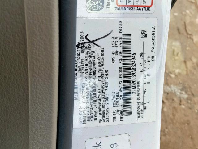 3FADP0L39AR324946 - 2010 FORD FUSION HYB WHITE photo 10