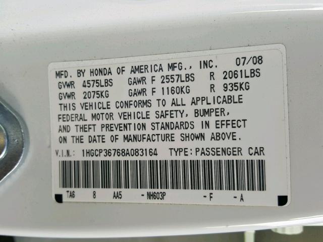 1HGCP36768A083164 - 2008 HONDA ACCORD EX WHITE photo 10