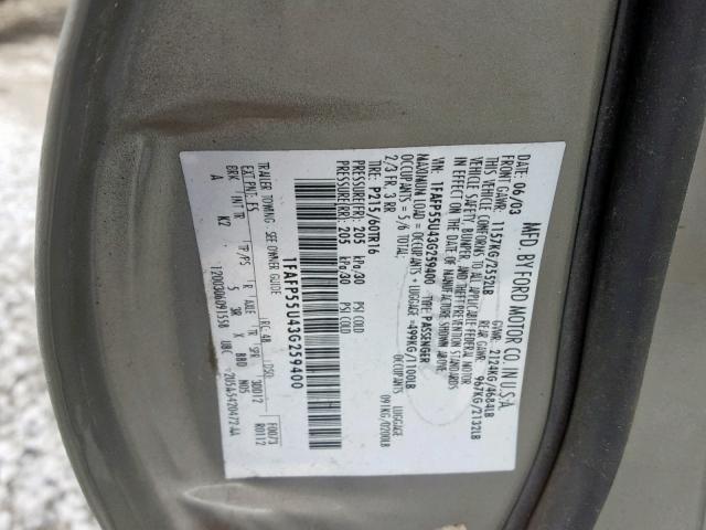 1FAFP55U43G259400 - 2003 FORD TAURUS SES GRAY photo 10