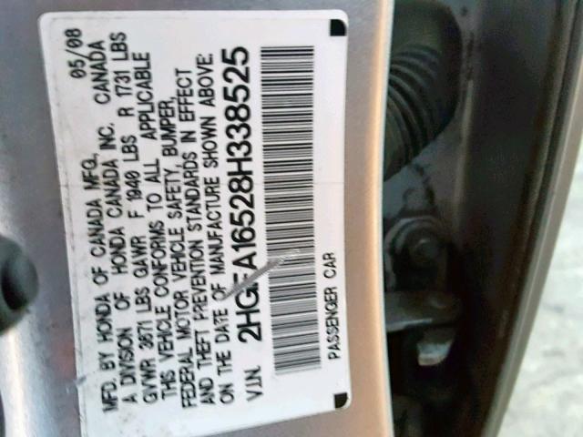 2HGFA16528H338525 - 2008 HONDA CIVIC LX SILVER photo 10