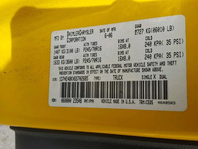 1D7HE48KX6S702685 - 2006 DODGE DAKOTA QUA YELLOW photo 10