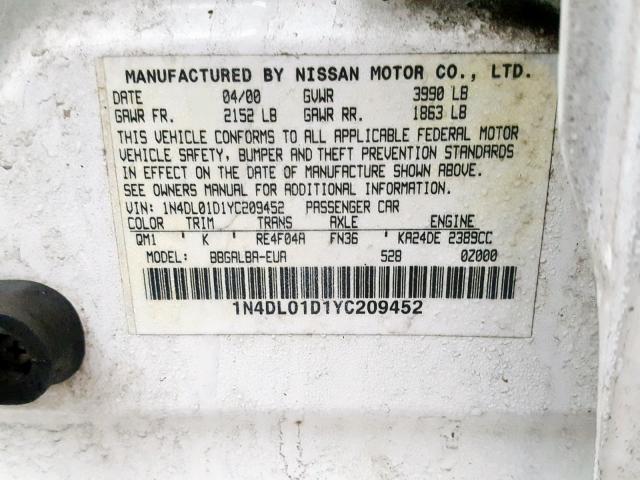 1N4DL01D1YC209452 - 2000 NISSAN ALTIMA XE WHITE photo 10