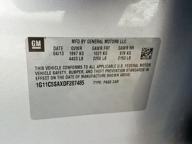 1G11C5SAXDF287485 - 2013 CHEVROLET MALIBU 1LT SILVER photo 10