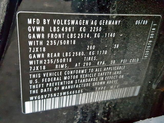 WVGBV75N29W546585 - 2009 VOLKSWAGEN TIGUAN SE BLACK photo 10