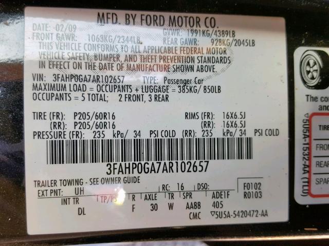 3FAHP0GA7AR102657 - 2010 FORD FUSION S BLACK photo 10