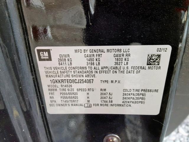 1GKKRTED8CJ254067 - 2012 GMC ACADIA DEN BLACK photo 10