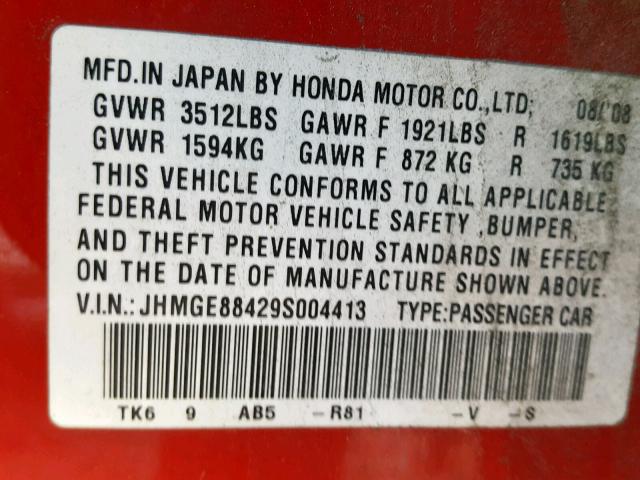 JHMGE88429S004413 - 2009 HONDA FIT SPORT RED photo 10