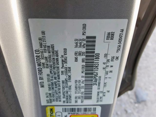 3FA6P0G71DR311800 - 2013 FORD FUSION S SILVER photo 10