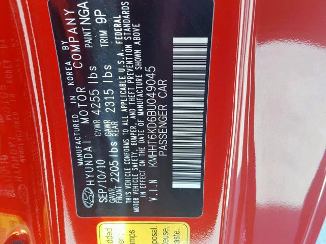 KMHHT6KD6BU049045 - 2011 HYUNDAI GENESIS CO RED photo 10