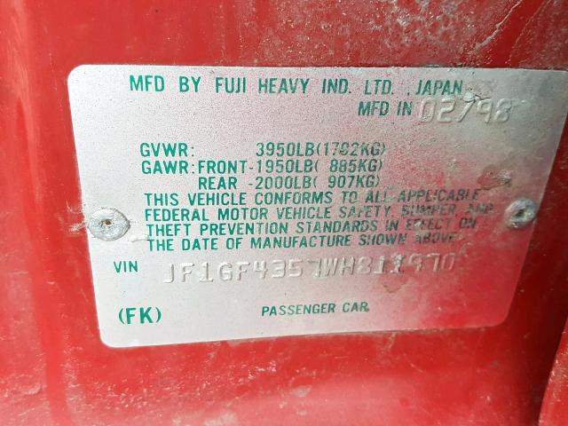 JF1GF4357WH811970 - 1998 SUBARU IMPREZA L RED photo 10