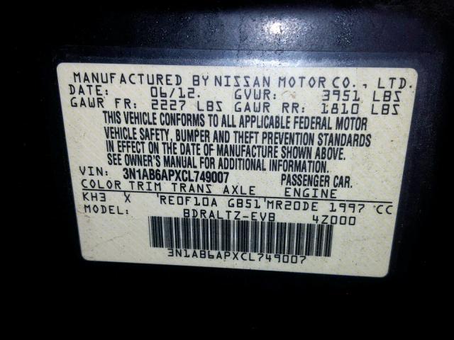 3N1AB6APXCL749007 - 2012 NISSAN SENTRA 2.0 BLACK photo 10