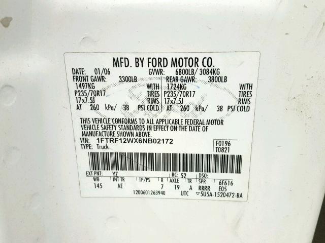 1FTRF12WX6NB02172 - 2006 FORD F150 WHITE photo 10