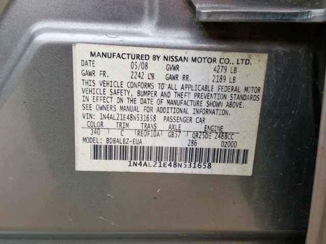 1N4AL21E48N531658 - 2008 NISSAN ALTIMA 2.5 GREEN photo 10