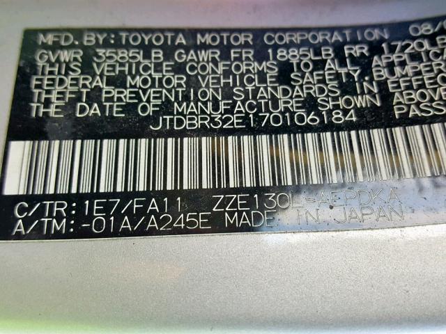 JTDBR32E170106184 - 2007 TOYOTA COROLLA CE GRAY photo 10