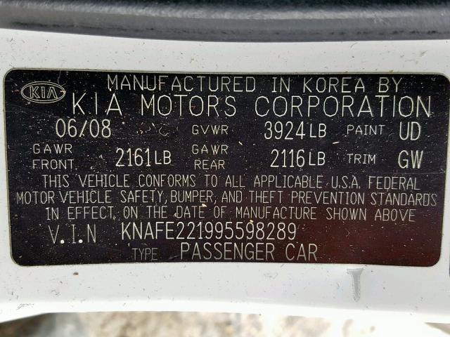 KNAFE221995598289 - 2009 KIA SPECTRA EX WHITE photo 10