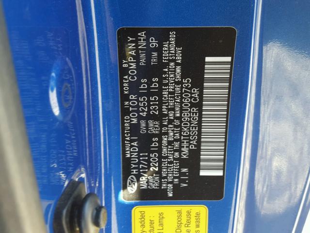 KMHHT6KD9BU060735 - 2011 HYUNDAI GENESIS CO BLUE photo 10