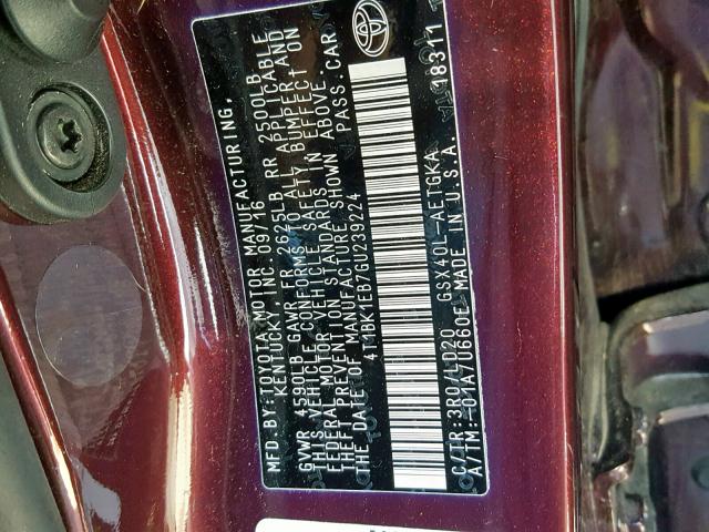 4T1BK1EB7GU239224 - 2016 TOYOTA AVALON XLE BURGUNDY photo 10