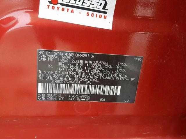 JTMBD32V776028344 - 2007 TOYOTA RAV4 SPORT RED photo 10