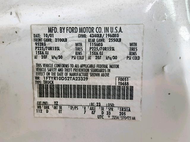 1FTYR10D52TA23339 - 2002 FORD RANGER WHITE photo 10