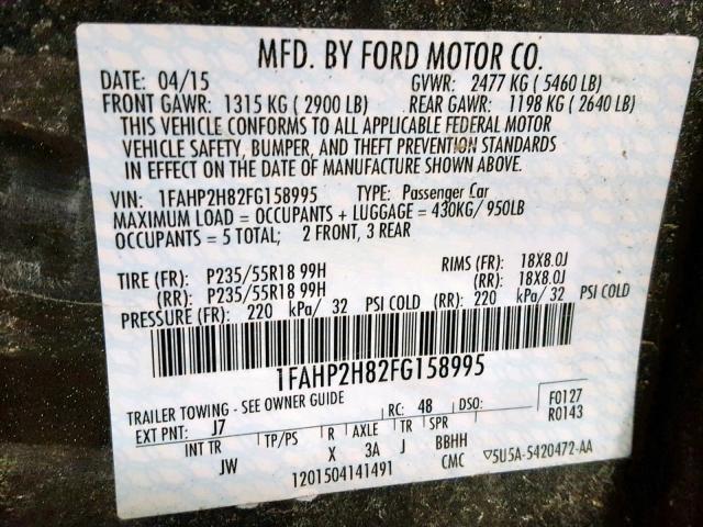 1FAHP2H82FG158995 - 2015 FORD TAURUS SEL GRAY photo 10