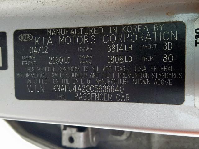 KNAFU4A20C5636640 - 2012 KIA FORTE EX SILVER photo 10