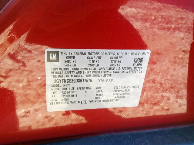 3GYFNCE39DS517676 - 2013 CADILLAC SRX LUXURY RED photo 10