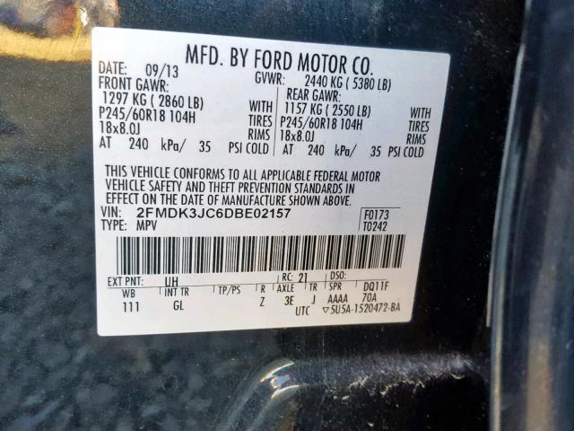 2FMDK3JC6DBE02157 - 2013 FORD EDGE SEL BLACK photo 10