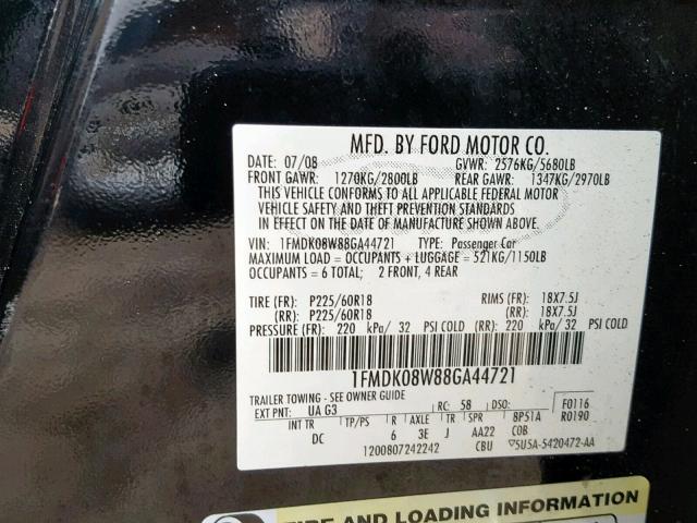 1FMDK08W88GA44721 - 2008 FORD TAURUS X E BLACK photo 10