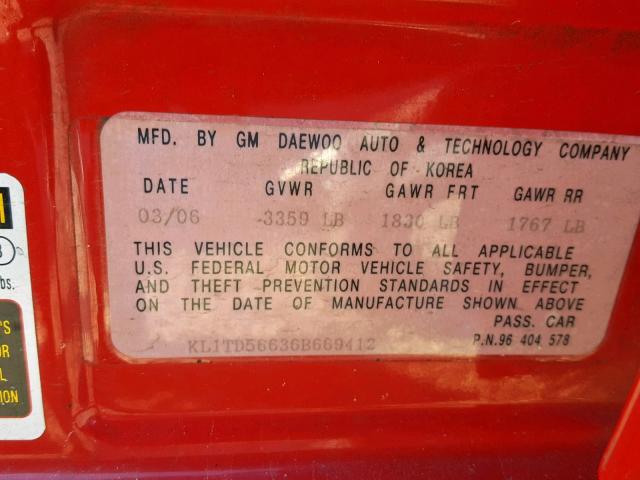 KL1TD56636B669412 - 2006 CHEVROLET AVEO BASE Қызыл фото 10