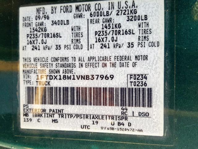 1FTDX18W1VNB37969 - 1997 FORD F150 TURQUOISE photo 10