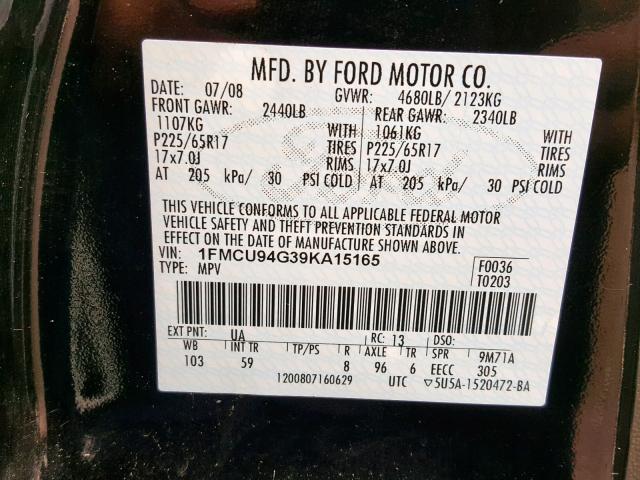 1FMCU94G39KA15165 - 2009 FORD ESCAPE LIM BLACK photo 10