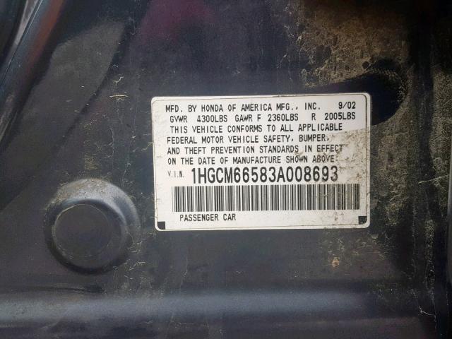 1HGCM66583A008693 - 2003 HONDA ACCORD BLUE photo 10