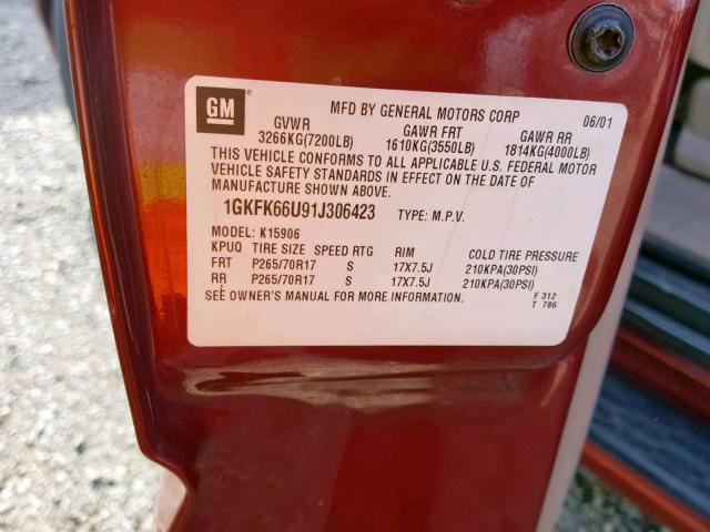 1GKFK66U91J306423 - 2001 GMC DENALI XL RED photo 10