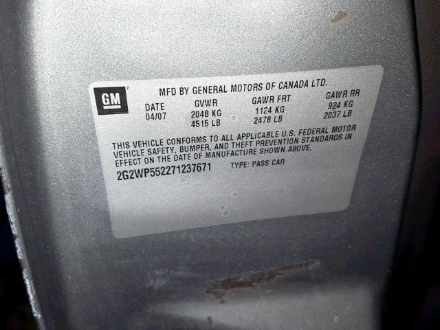 2G2WP552671237723 - 2007 PONTIAC GRAND PRIX GRAY photo 10