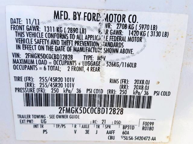 2FMGK5DC0CBD12828 - 2012 FORD FLEX LIMIT WHITE photo 10