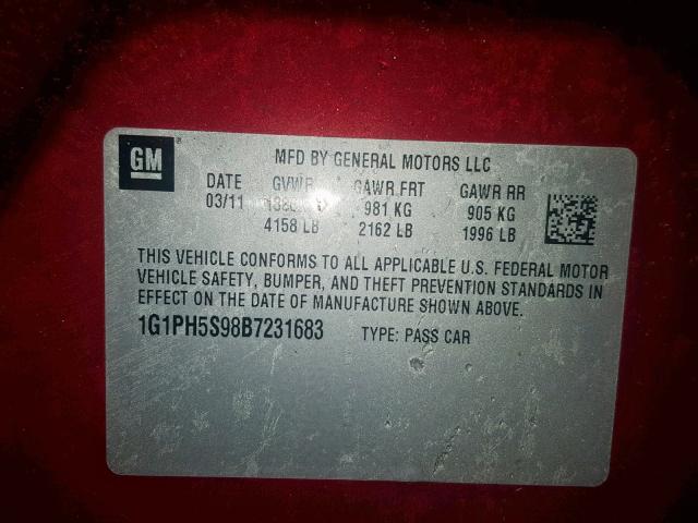 1G1PH5S98B7231683 - 2011 CHEVROLET CRUZE LTZ RED photo 10