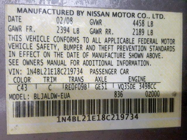 1N4BL21E18C219734 - 2008 NISSAN ALTIMA 3.5 BEIGE photo 10