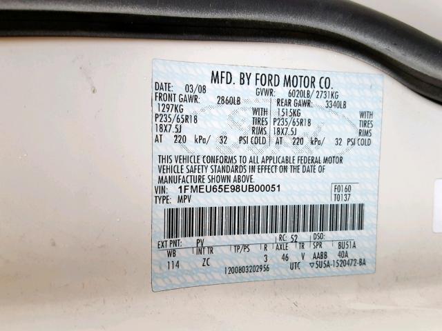 1FMEU65E98UB00051 - 2008 FORD EXPLORER L WHITE photo 10