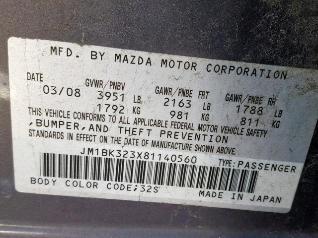 JM1BK323X81140560 - 2008 MAZDA 3 S GRAY photo 10