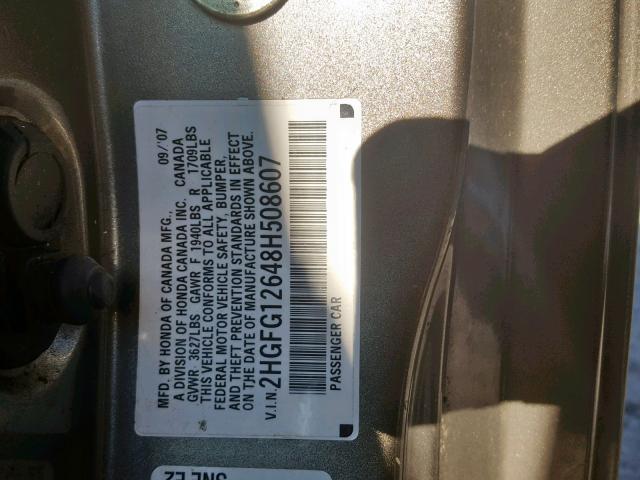 2HGFG12648H508607 - 2008 HONDA CIVIC LX GRAY photo 10